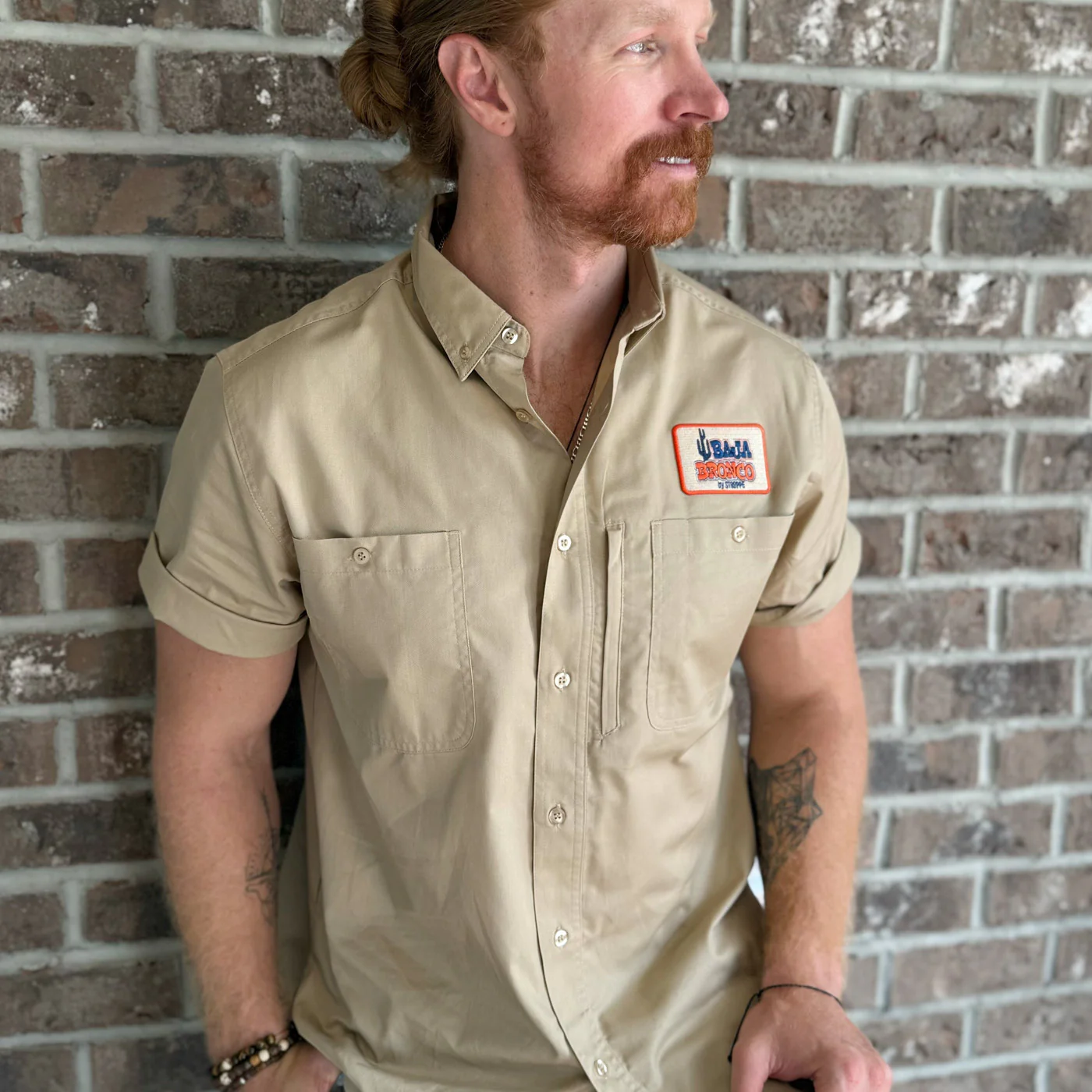 Ford Baja Bronco Stroppe Mens Button Pocket Khaki Mechanic Shirt - Image 3