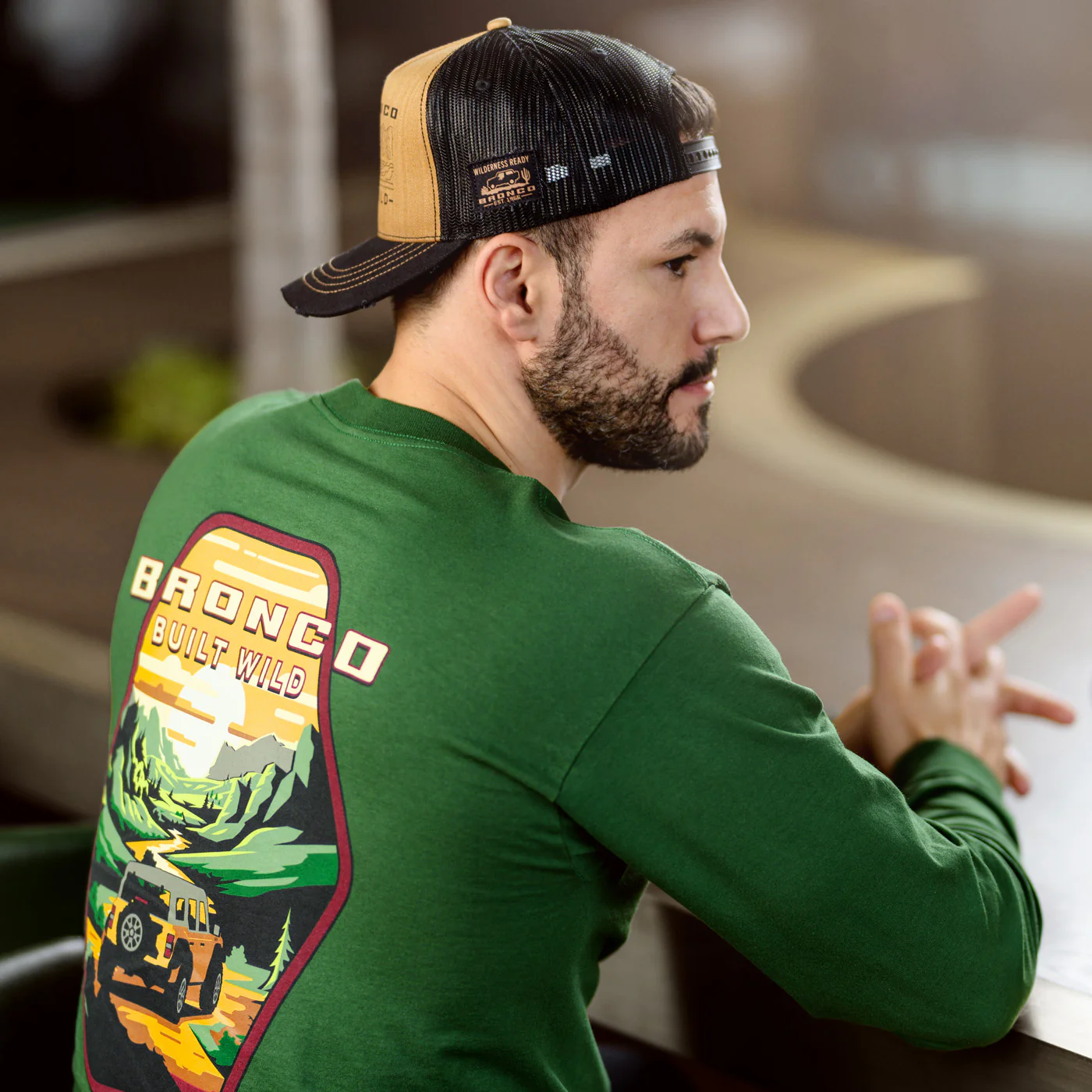 Ford Bronco Built Wild Badge Green Mens Long Sleeve Shirt - Image 2