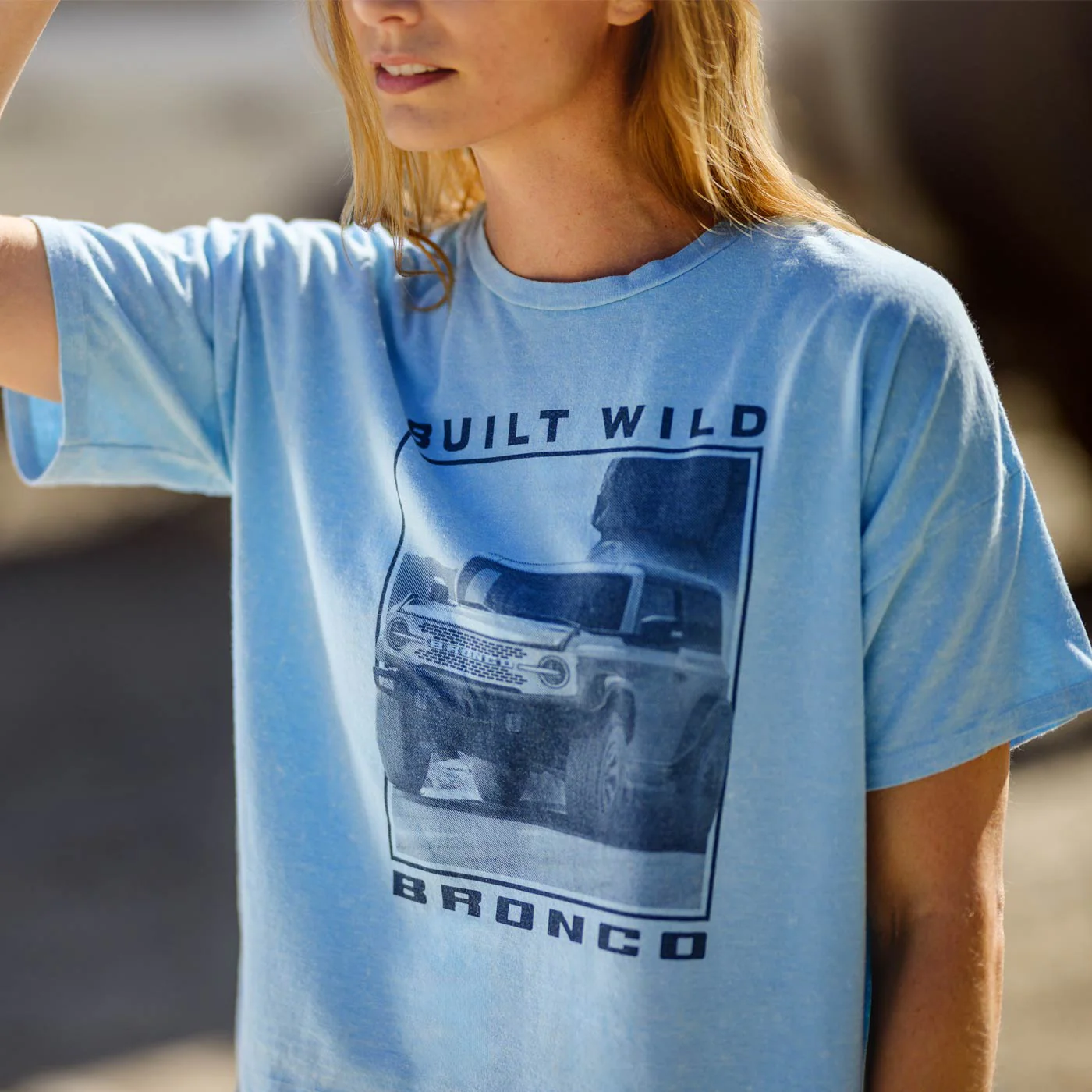 Ford Bronco Built Wild Womens Light Blue Cropped T-Shirt - Image 3